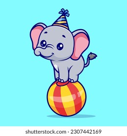 Cute Elephant Playing On Ball Circus With Birthday Hat Cartoon Vector Icon Illustration. Animal Holiday Icon Concept Isolated Premium Vector. Flat Cartoon Style