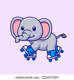 Cute Elephant Playing Roller Skate Cartoon Vector Icon Illustration. Animal Sport Icon Concept Isolated Premium Vector. Flat Cartoon Style