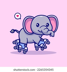 Ilustración del icono del vector de dibujos animados Cute Elephant Playing Roller Skate. Vector Premium Aislado De Icono De Deportes Animales. Estilo de dibujo plano