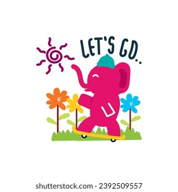 Cute elephant playing skateboad, hand drawn illustration for for fabric, textile and print