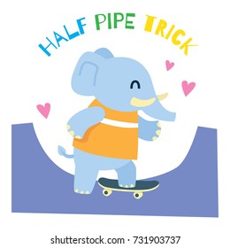 Cute elephant playing skateboard. Cute animal series for kid. Cute and funny animal t shirt design for kid.