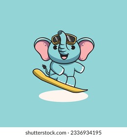 Cute elephant playing snowboard cartoon illustration