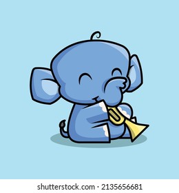 UN ELEFANTE CUIDADO ESTÁ JUGANDO UN TRUMPET. VECTOR DE CARICATURA PREMIUM.