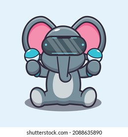 Cute elephant playing virtual reality. Cute cartoon animal illustration.