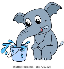 cute elephant playing water from the bucket, doodle icon image. cartoon caharacter cute doodle draw