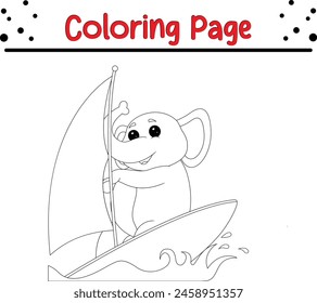 cute elephant is playing windsurfing coloring book page for children