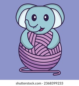 Cute elephant playing with wool yarn. Animal cartoon concept isolated. Can used for t-shirt_ greeting card_ invitation card or mascot.