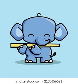 A CUTE ELEPHANT IS PLAYING A YELLOW FLUTE. PREMIUM CARTOON VECTOR.