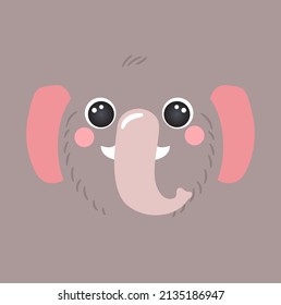 Cute elephant portrait square smile head cartoon round shape animal face, isolated avatar mascot vector icon illustration. Flat simple hand drawn for kids poster, ui app cards, t-shirts, baby clothes