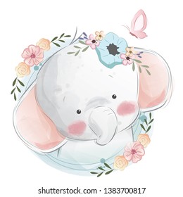 Cute Elephant Portrait in Wreath