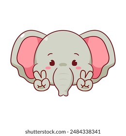 Cute Elephant Poses Peace Hand Sign Gesture Cartoon Character. Adorable and Kawaii Animal Icon Mascot Concept Design. Logo Vector Illustration. Isolated White Background.