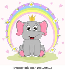 Cute  elephant princess sitting on the grass. Hand drawn Valentines Day Greeting card with charming animal  on colored background. Vector illustration.