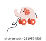 Cute elephant, pull toy on wheels. Funny kawaii wooden animal with string for fun and play in preschool nursery, kindergarten. Kids flat graphic vector illustration isolated on white background