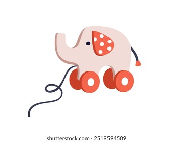 Cute elephant, pull toy on wheels. Funny kawaii wooden animal with string for fun and play in preschool nursery, kindergarten. Kids flat graphic vector illustration isolated on white background