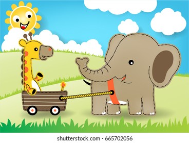 Cute elephant pulling giraffe with cart in meadow on blue sky background, smiling sun behind clouds, vector cartoon illustration