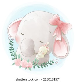 Cute elephant with rabbit cartoon animal illustration
