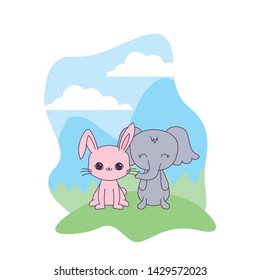 cute elephant with rabbit in landscape