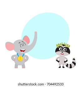 Cute elephant and raccoon characters, champions with golden winner medals, cartoon vector illustration with space for text. Baby elephant and raccoon champions who win first place medals