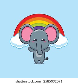 Cute elephant with rainbow cartoon vector illustration. vector cartoon illustration suitable for poster, brochure, web, mascot, sticker, logo and icon.