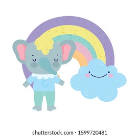 Cute elephant rainbow with clouds. Cartoon vector illustration for baby shower.