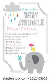 Cute Elephant With Rainy Cloud And Rainbow Colored Drops Baby Shower Invitation Layout Template, Arrival Date Announcement Jungle Animal Theme For Boy And Girl, White Unisex Mommy To Be Greeting Card