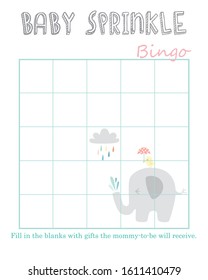 Cute Elephant With Rainy Cloud And Rainbow Colored Drops Baby Shower Bingo Layout Template, Do It Yourself  Game With Jungle Animal Theme For Boy And Girl, White Unisex Mommy To Be Activity Card