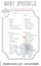 Cute Elephant with Rainy Cloud and Rainbow colored drops Baby Shower What's in your purse Layout Template, Do it Yourself Game, Jungle Animal theme for boy and girl, White mommy to be activity card
