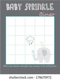 Cute Elephant With Rainy Cloud And Rainbow Colored Drops Baby Shower Bingo Layout Template, Do It Yourself  Game With Jungle Animal Theme For Boy And Girl, Grey Unisex Mommy To Be Activity Card