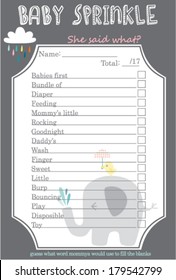 Cute Elephant with Rainy Cloud and Rainbow colored drops Baby Shower She said what Layout Template, Do it Yourself Game with Jungle Animal theme for boy and girl, Grey Unisex mommy to be activity card