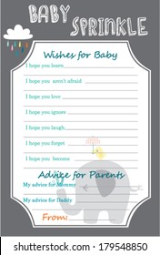 Cute Elephant With Rainy Cloud And Rainbow Colored Drops Baby Shower Wish And Advice Layout Template, Do It Yourself  Game With Jungle Animal Theme For Boy And Girl, Grey Unisex Parents Activity Card