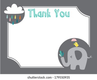 Cute Elephant With Rainy Cloud And Rainbow Colored Drops Baby Shower Thank You Layout Template, Jungle Animal Theme Note For Boy And Girl, Grey Unisex Mommy To Be And Parents Blank Card