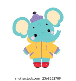 Cute Elephant in Rainy Day Walking in Raincoat and Rubber Boots Vector Illustration