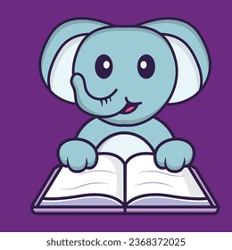 Cute elephant reading a book. Animal cartoon concept isolated. Can used for t-shirt_ greeting card_ invitation card or mascot.
