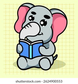 Filme de animação de livro de leitura de elefante bonito. Animal Nature Icon Concept Isolated Flat Cartoon Style para colorir páginas ou educar crianças