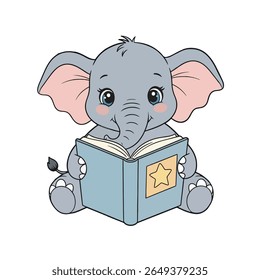 Cute Elephant Reading Book Cartoon Style