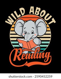 cute elephant reading a book with retro sunset background, perfect for book lovers, teachers, and kids. great for t-shirts, mugs, stickers, and other merchandise.