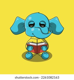 Cute elephant reading book. Elephant vector illustration. 