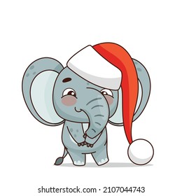 Un elefante lindo con un sombrero de Navidad rojo. Un tímido elefante. Ilustración vectorial para diseños, impresiones y patrones.