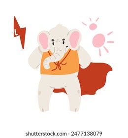 Cute elephant in red superhero cape standing in brave strong pose vector illustration