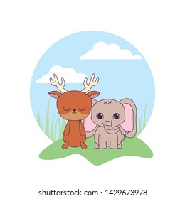 cute elephant with reindeer animals in landscape