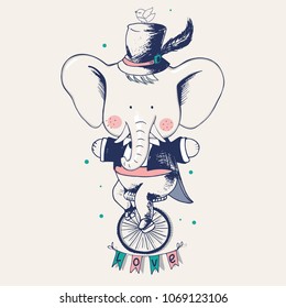 Cute Elephant ridding on a bicycle.hand drawn vector illustration in vintage style.can be used as kids or baby's shirt design/textile/ fashion