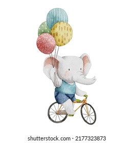 cute elephant ride bicycle with balloon watercolor illustration for kids and baby with isolated background