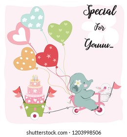 cute elephant ride a children bicycle and rabbit sit in basket, with a birthday wedding cake and balloon, illustration vector by freehand doodle comic art for any card.