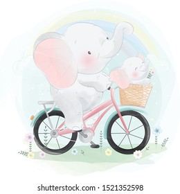 Cute elephant riding a bicycle with a baby elephant