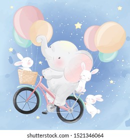 Cute elephant riding a bicycle with bunny