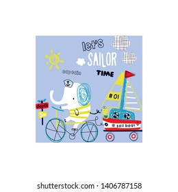 cute elephant riding a bike with boat vector illustartions