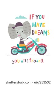 Cute elephant is riding a bike. Vector illustration on a white background. 