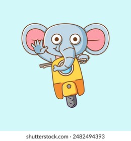 Cute elephant riding scooter animal kawaii chibi character mascot illustration outline style design set