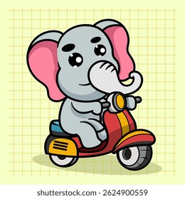 Bonito Elefante equitação Scooter motocicleta ilustração de desenhos animados. Animal Nature Icon Concept Isolated Flat Cartoon Style para colorir páginas ou educar crianças