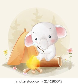 Cute elephant roasting marshmallow on campfire watercolor illustration